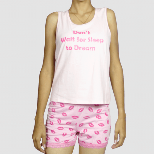 Pijama de dos piezas para dama, besos rosado marca Della Bella, conjunto de camisa y short, en algodón con escote