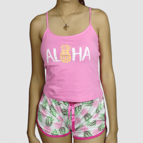 Pijama de dos piezas para dama, marca Della Bella, Aloha conjunto de camisa y short, en algodón