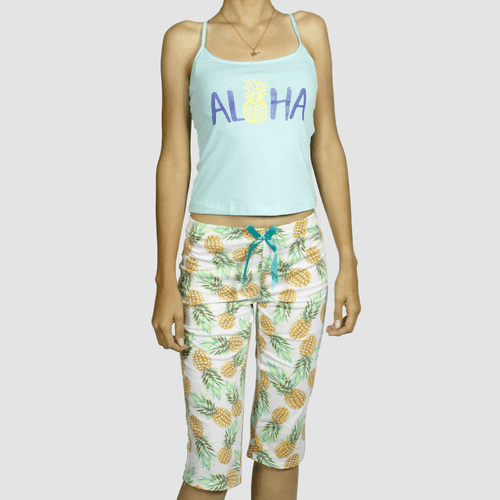 Pijama de dos piezas para dama, Aloha marca Della Bella, conjunto de camisa y pantalón, en algodón