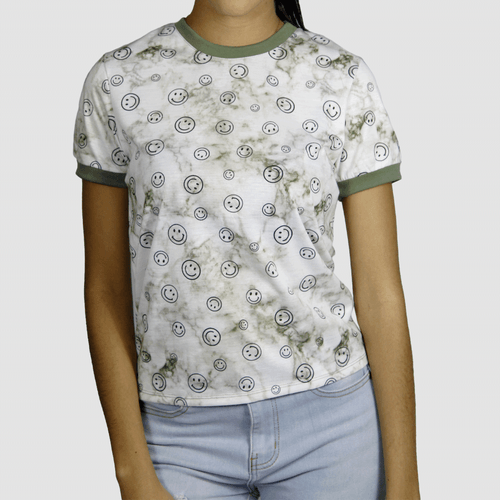 Camisa de dama Smile Face, marca Bleached, algodón y poliéster suave, manga corta, verde oliva