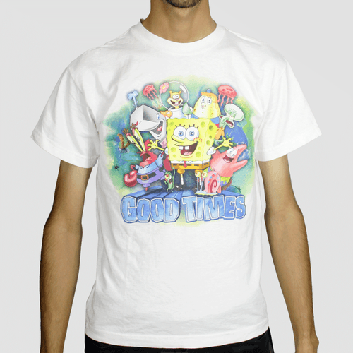 Camisa Bob Esponja de niños, manga corta, marca Nickeloden, con estampado, color blanco, 100% algodón
