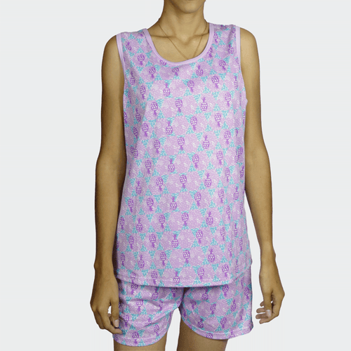 Pijama de piña, conjunto para dama, marca Angela, poliéster suave, camisa y short con estampado, color lila