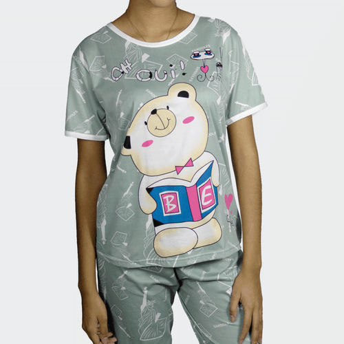 Pijama conjunto de dama, marca MeanMean, 100% algodón, camisa y pescador con estampado, color verde