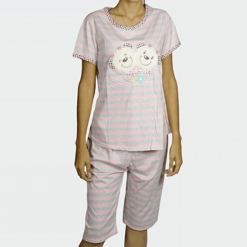 Pijama conjunto de dama, marca Andishini, 100% algodón, camisa y pescador con estampado, color rosa