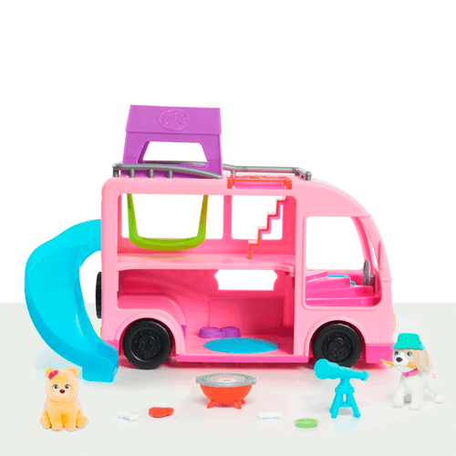 Barbie Pet Camper rodante para niñas, 11 piezas, caravana de 3 pisos, plástico color rosa