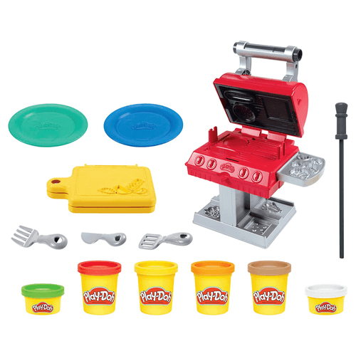 Play-Doh Kitchen Creations juego de parrilla y sello, marca Hasbro, 6 latas de masa multicolor y accesorios