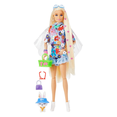 Muñeca Barbie Extra, articulada, marca Mattel, glamurosa y a la moda con 15 accesorios y mascota incluida