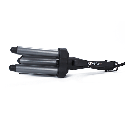 Rizador de cabello marca Revlon, pinza onduladora Jumbo 3 barriles con cerámica de turmalina, 200°C, negra