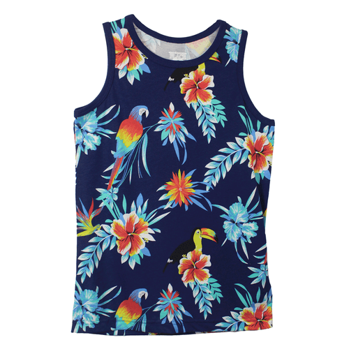 Oferta camiseta sin mangas azul marino con estampado tropical