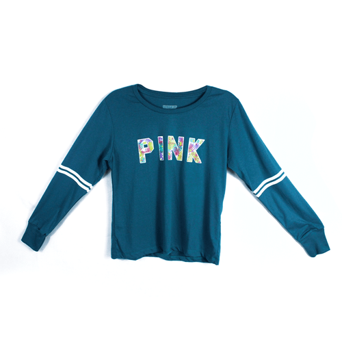 Suéter para dama, marca Pink, modelo de mangas larga y cuello redondo con estampado, 100% algodón suave, color verde