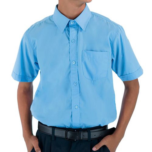 Camisa escolar Macu School, oferta exclusiva en uniforme escolares, modelo unisex, 100% algodón, color azul