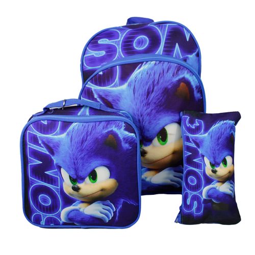 Bolso escolar de Sonic en oferta, set de morral, cartuchera y lonchera térmica color azul